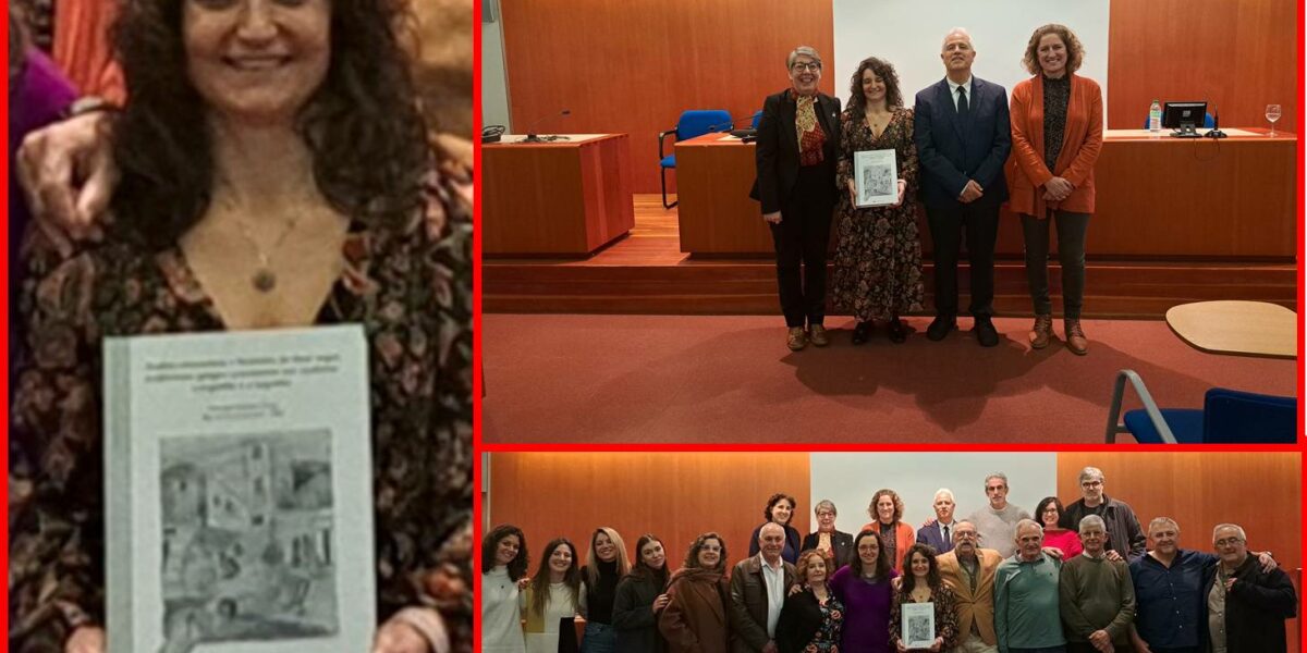 Collage de fotos de Manuela Vázquez Coto con su tesis doctoral: Análisis etnomotriz y feminista de dos juegos tradicionales gallegos practicados por mujeres: la bugalliño y el bugalliño